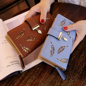 Long Wallet Gold Hollow Leaves Pouch  For Women