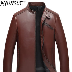 100% Cowhide Genuine Leather Stand-up Collar Male Jackets