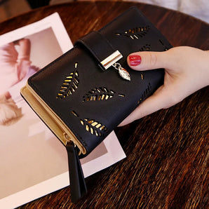 Long Wallet Gold Hollow Leaves Pouch  For Women