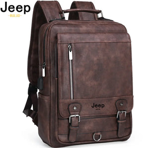 JEEP BULUO Fashion Leather Men Backpack Business Male 15.6" Laptop Bag