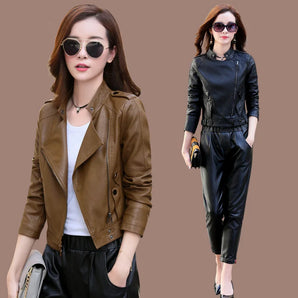 New Women Fashion Short Leather Biker Casual Pu Jacket