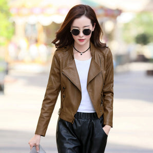 New Women Fashion Short Leather Biker Casual Pu Jacket