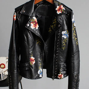 Floral Print Faux Leather Jacket